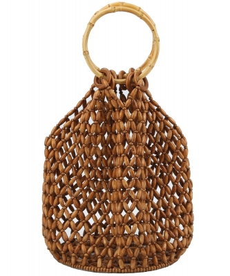 Round Bamboo Handle Beaded Designer Tote Bag YW-0004 BROWN